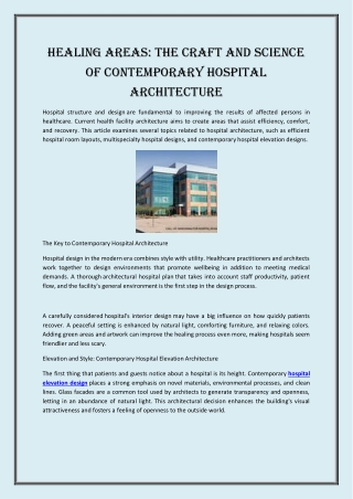 New Designs in Contemporary Hospital Architecture for Effective Healthcare Facil