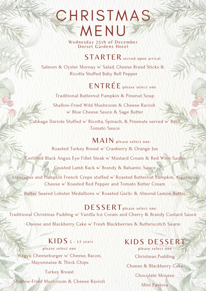 christmas menu wednesday 25th of december dorset