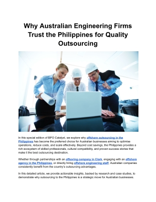 Why Australian Engineering Firms Trust the Philippines for Quality Outsourcing
