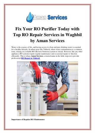 Fix Your RO Purifier Today with Top RO Repair Services in Waghbil by Aman Servic