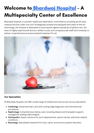 Advanced Nephrology and Multispeciality Care at Bhardwaj Hospital