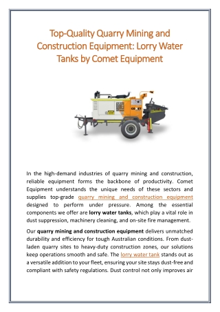 Top Quality Quarry Mining and Construction Equipment Lorry Water Tanks by Comet Equipmen