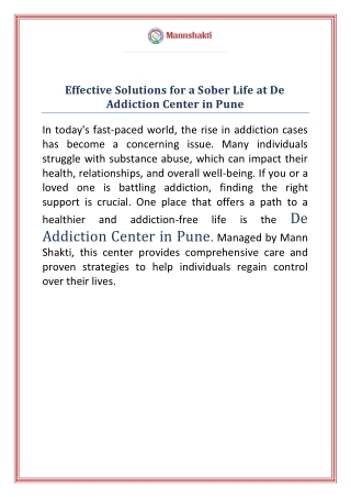 Effective Solutions for a Sober Life at De Addiction Center in Pune