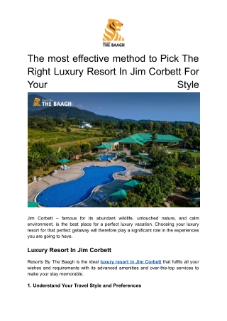 The most effective method to Pick The Right Luxury Resort In Jim Corbett For Your Style