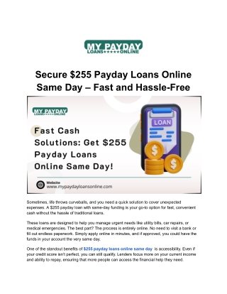 Get $255 Payday Loans Online Same Day with My Payday Loans Online