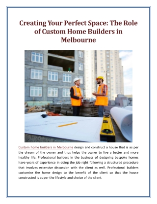 Creating Your Perfect Space The Role of Custom Home Builders in Melbourne