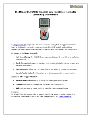 The Megger DLRO10HD Precision Low Resistance Testing for Demanding Environments