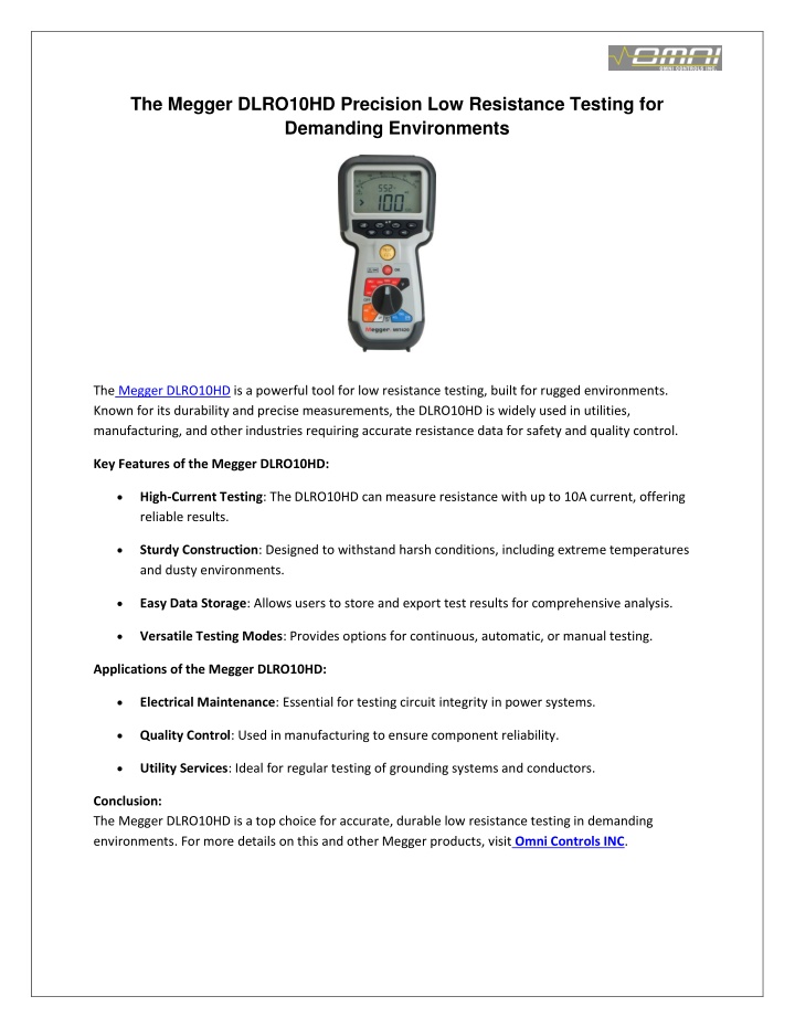 the megger dlro10hd precision low resistance