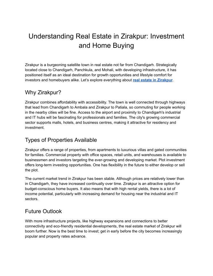 understanding real estate in zirakpur investment