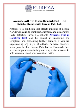Accurate Arthritis Test in Dombivli East  Get Reliable Results with Eureka Path Lab