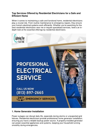 Top Services Offered by Residential Electricians for a Safe and Efficient Home