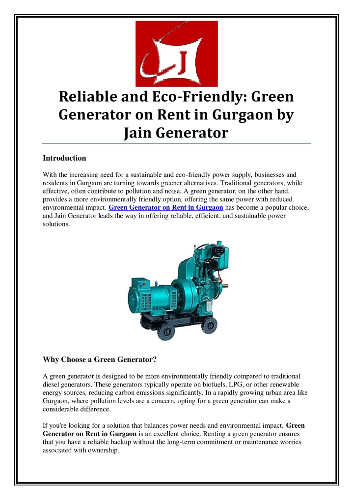 reliable and eco friendly green generator on rent