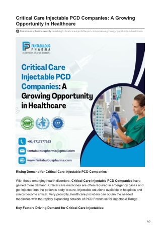 Critical Care Injectable PCD Companies A Growing Opportunity in Healthcare