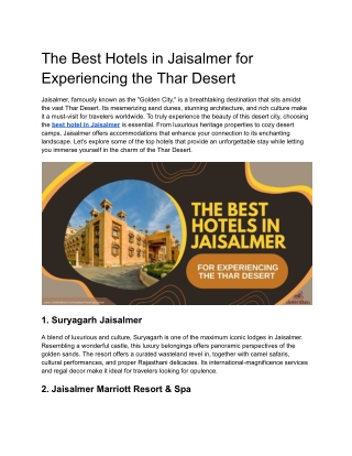 The Best Hotels in Jaisalmer for Experiencing the Thar Desert