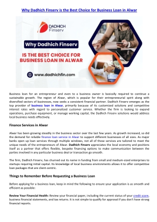 Why Dadhich Finserv is the Best Choice for Business Loan in Alwar