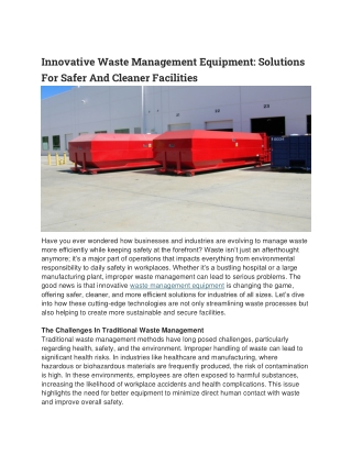 Innovative Waste Management Equipment Solutions For Safer And Cleaner Facilities