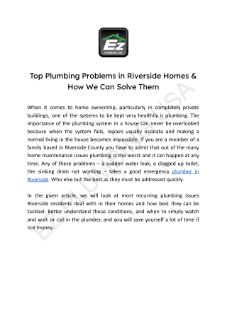 Top Plumbing Problems in Riverside Homes & How We Can Solve Them