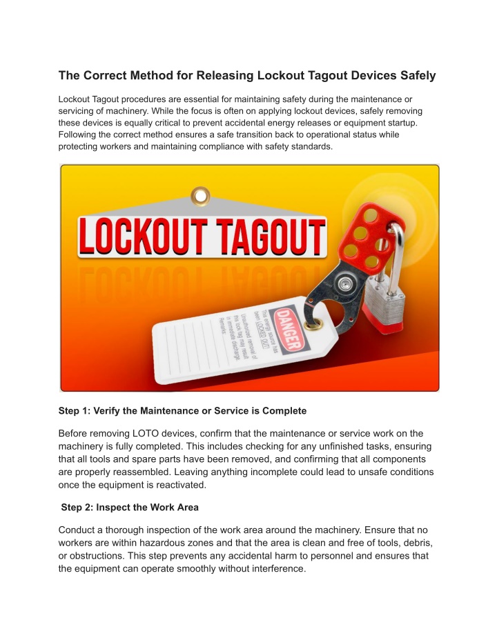 the correct method for releasing lockout tagout