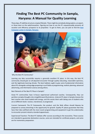 Finding The Best PC Community In Sampla, Haryana: A Manual for Quality Learning