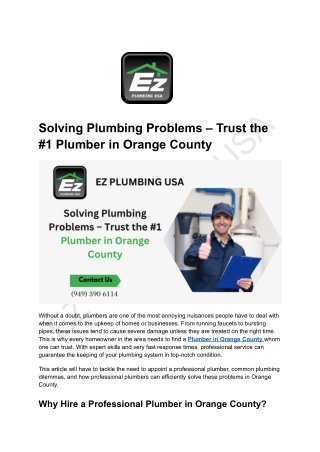 Solving Plumbing Problems – Trust the #1 Plumber in Orange County