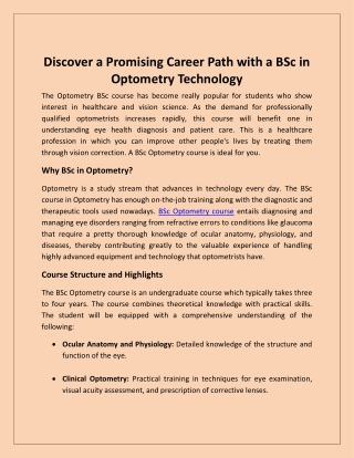 Discover a Promising Career Path with a BSc in Optometry Technology