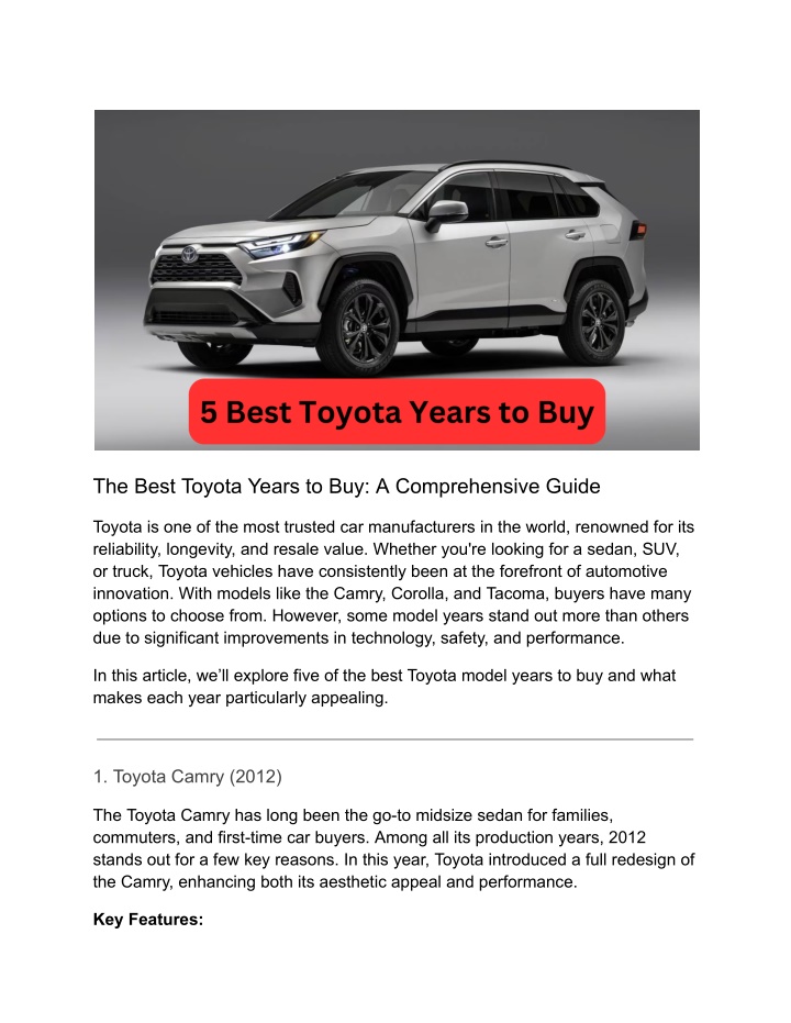 the best toyota years to buy a comprehensive guide