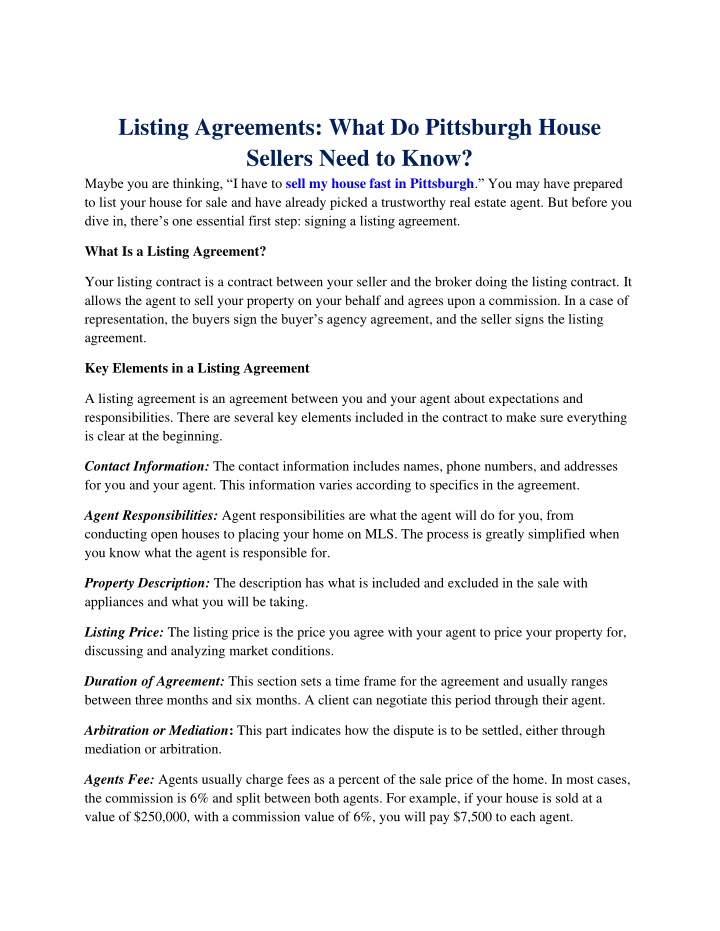 listing agreements what do pittsburgh house