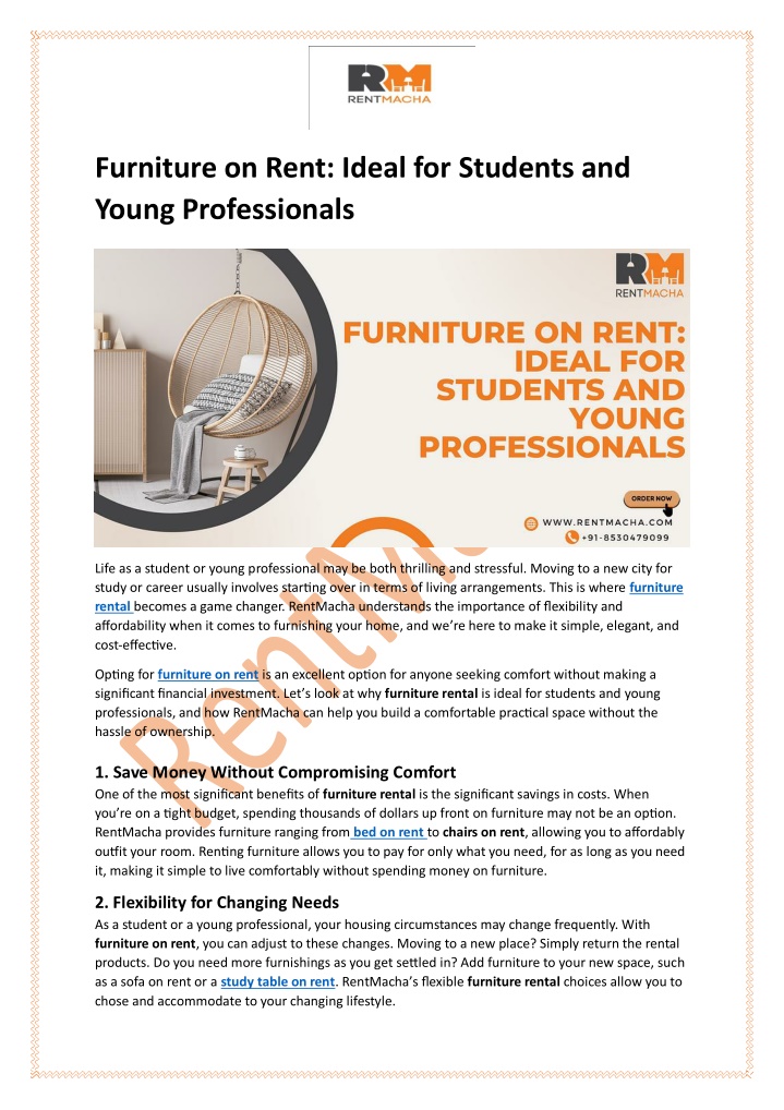 furniture on rent ideal for students and young