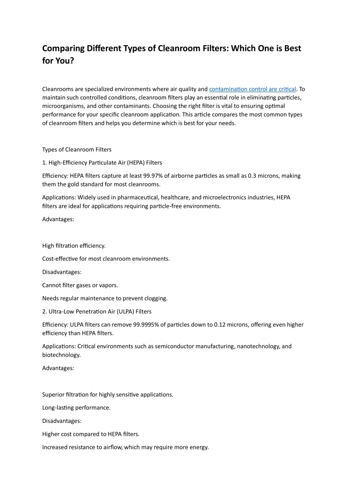 comparing different types of cleanroom filters