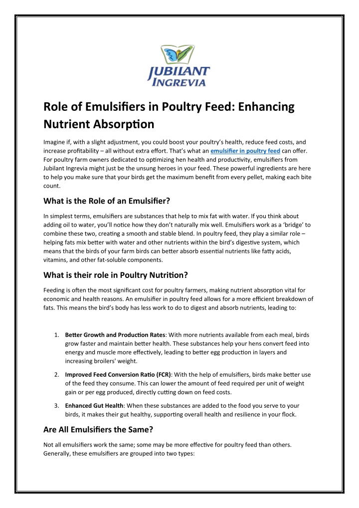 role of emulsifiers in poultry feed enhancing