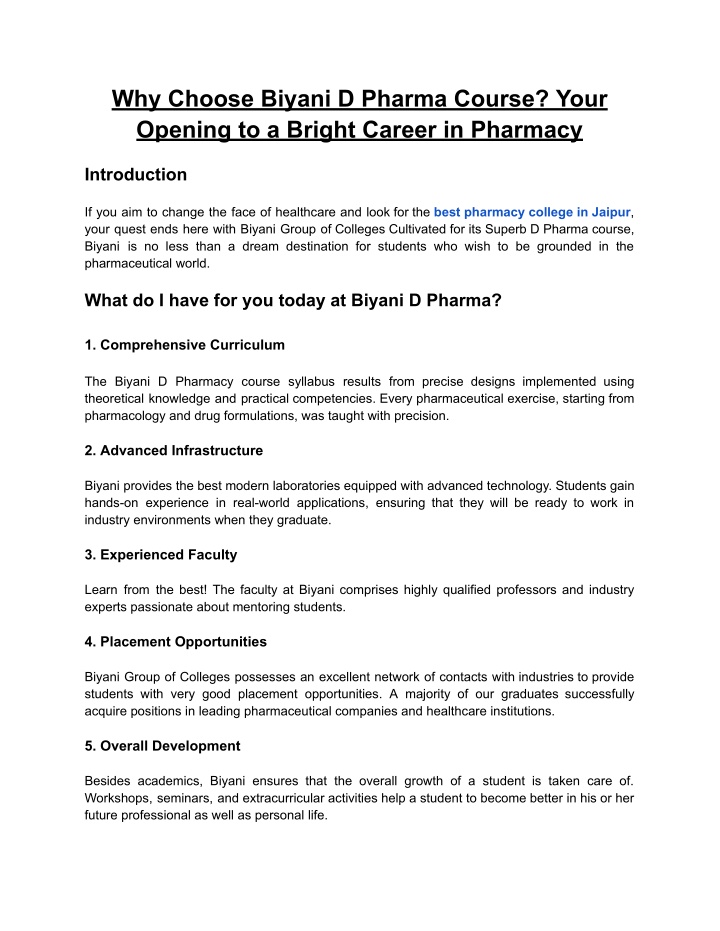 why choose biyani d pharma course your opening