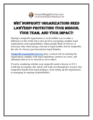 Why Nonprofit Organizations Need Lawyers? Protecting Your Mission, Your Team, an