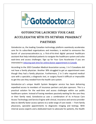 Gotodoctor Launches Your Care Accelerator with its Network Pharmacy Partners