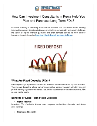 How Can Investment Consultants in Rewa Help You Plan and Purchase Long Term FDs