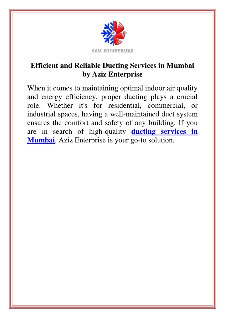 efficient and reliable ducting services in mumbai