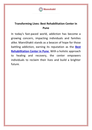 Transforming Lives Best Rehabilitation Center in Pune