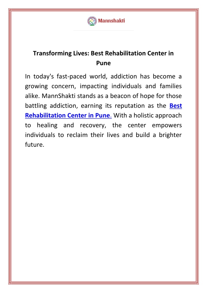 transforming lives best rehabilitation center