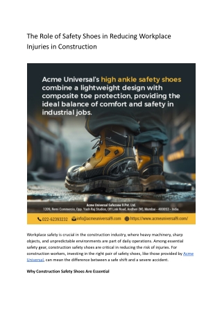 The Role of Safety Shoes in Reducing Workplace Injuries in Construction