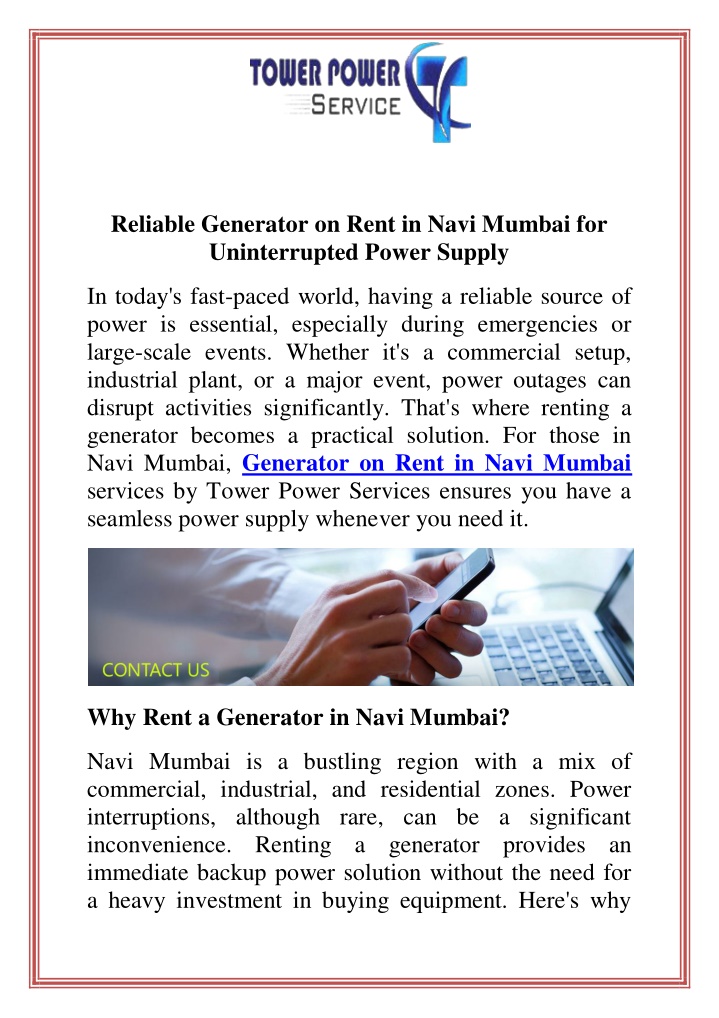 reliable generator on rent in navi mumbai