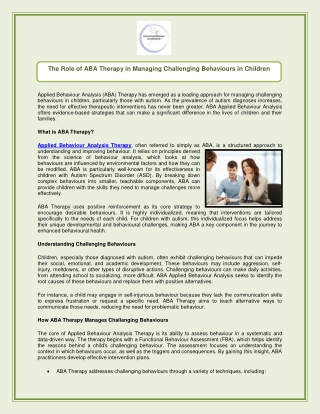 The Role of ABA Therapy in Managing Challenging Behaviours in Children