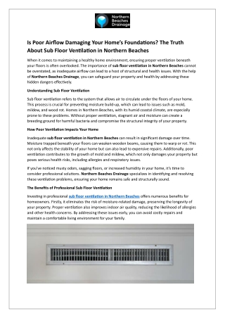 Is Poor Airflow Damaging Your Home’s Foundations - The Truth About Sub Floor Ventilation in Northern Beaches