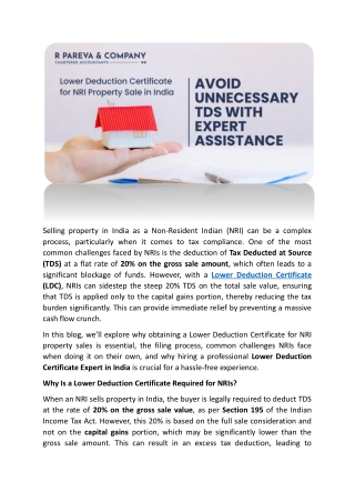 Lower Deduction Certificate for NRI Property Sale in India Avoid Unnecessary TDS with Expert Assistance
