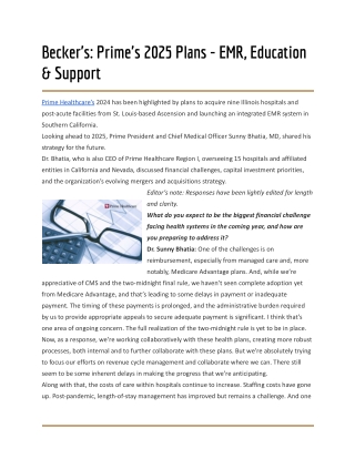 Becker's: Prime's 2025 Plans - EMR, Education & Support