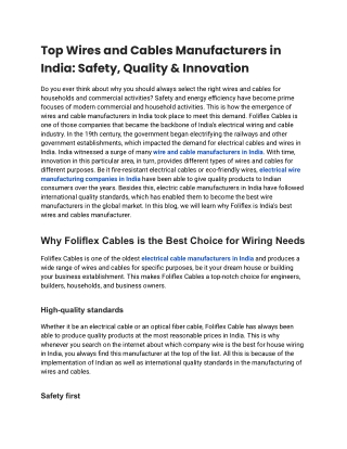 Why Foliflex is Top Wires and Cables Manufacturers in India