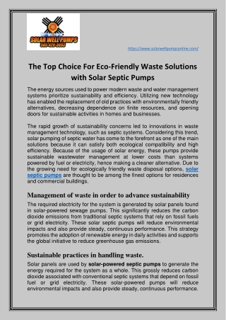 The Top Choice For Eco-Friendly Waste Solutions with Solar Septic Pumps