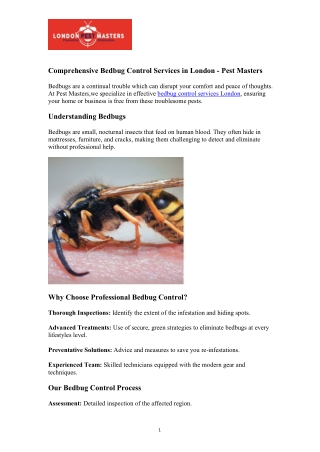 Comprehensive Bedbug Control Services in London - Pest Masters