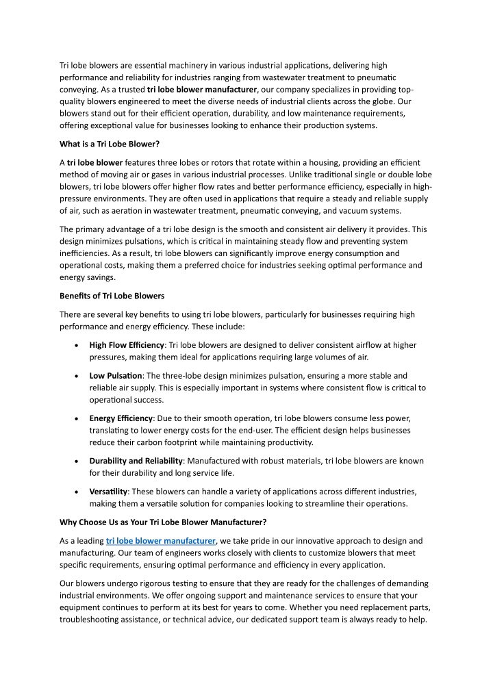 tri lobe blowers are essential machinery