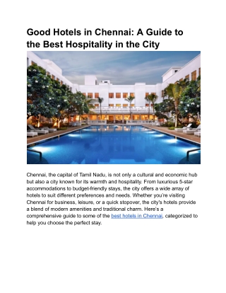 Good Hotels in Chennai: A Guide to the Best Hospitality in the City