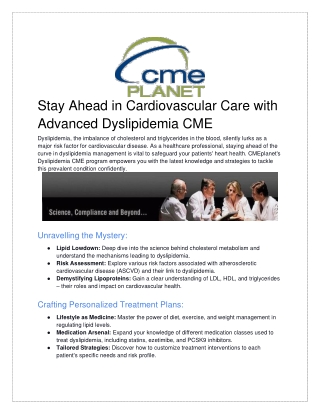 Stay Ahead in Cardiovascular Care with Advanced Dyslipidemia CME-PDF