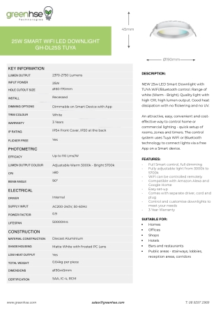 25W Smart LED TUYA Downlight By Greenhse Technologies